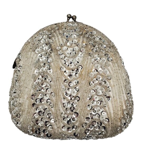 Walborg Vintage 1950s 1960s Ivory Silver Beaded Kiss Lock Evening Clutch Bag NWT